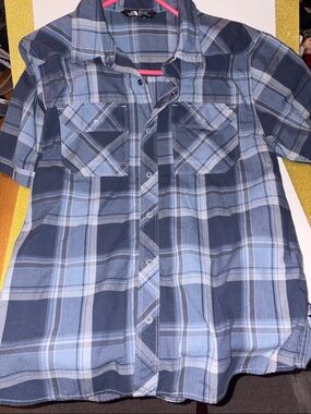 The North Face Blue Plaid Short-Sleeve snap-Down Shirt